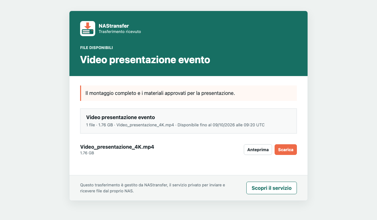 Pagina pubblica per leggere il messaggio, vedere i file disponibili e scaricarli