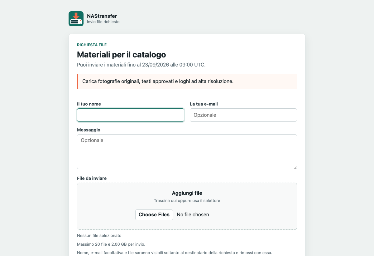 Pagina pubblica per rispondere a una richiesta e caricare i file
