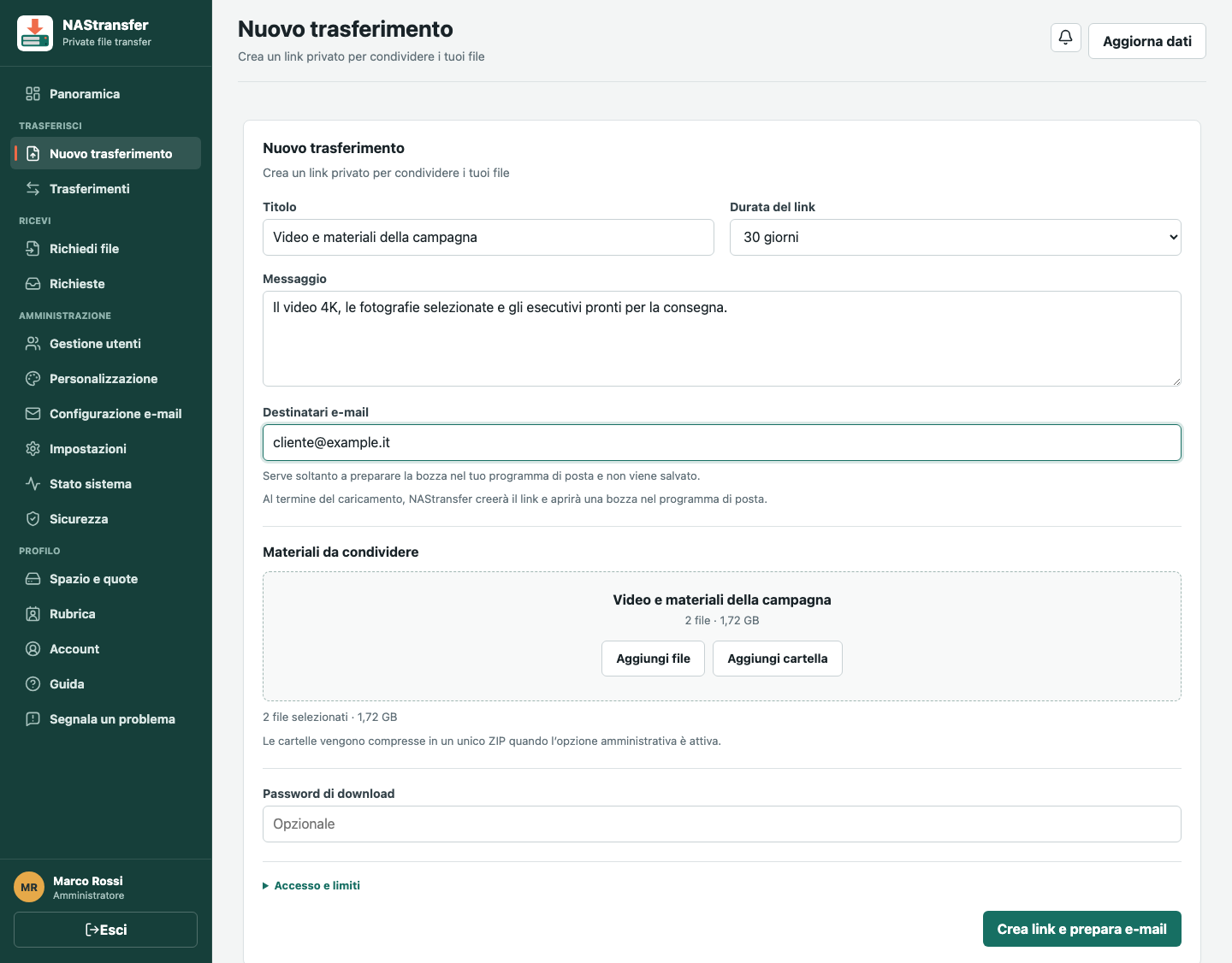 Schermata di creazione di un nuovo trasferimento con titolo, durata, messaggio, destinatario e selezione dei file